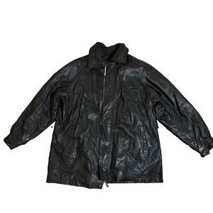 Vintage Wilda Parka Jacket Mens 2XL Black Genuine Leather Shearling Collar 1990s